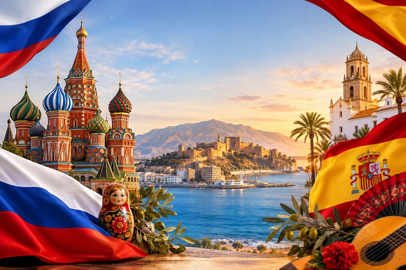 La Catedral de San Basilio y la Alcazaba de Almería, con las banderas de Rusia y España